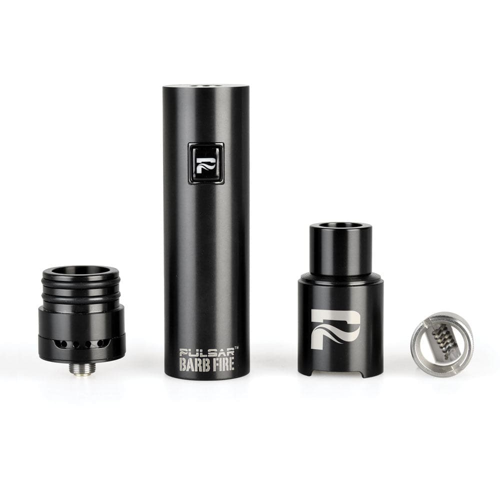 Front view of the black Pulsar Barb Fire Variable Voltage Wax Vaporizer disassembled into four components on a white background.