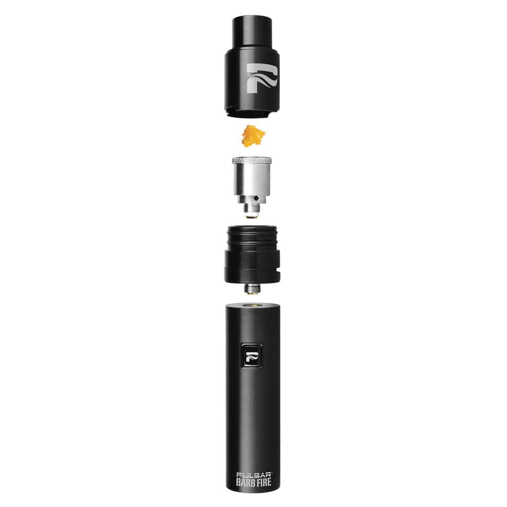 Vertical exploded view of the black Pulsar Barb Fire Variable Voltage Wax Vaporizer showing its disassembled mouthpiece, heating chamber, concentrate and battery tube.