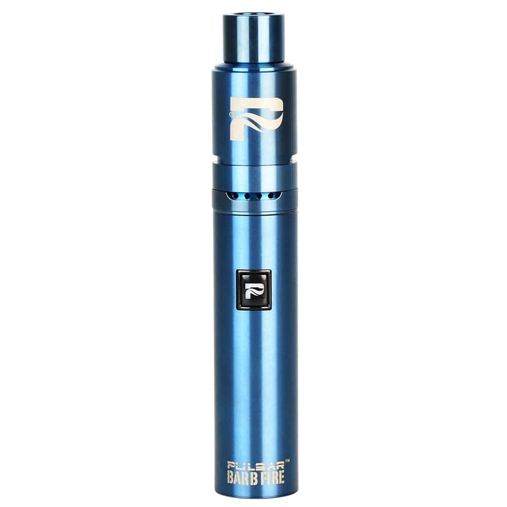 Front view of the blue Pulsar Barb Fire Variable Voltage Wax Vaporizer standing upright on a white background, showing its metallic finish, top mouthpiece, button, and logo.