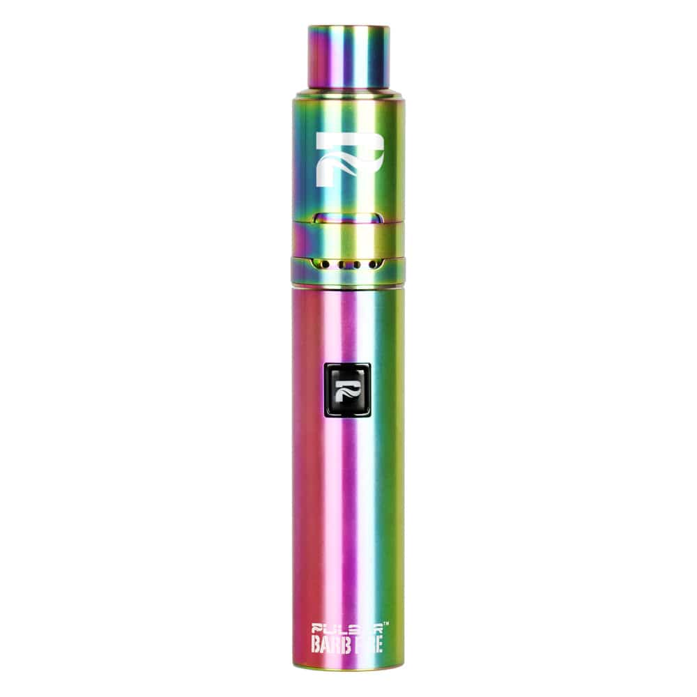 Front-facing studio shot of the rainbow-finished Pulsar Barb Fire Variable Voltage Wax Vaporizer standing upright on a white background.