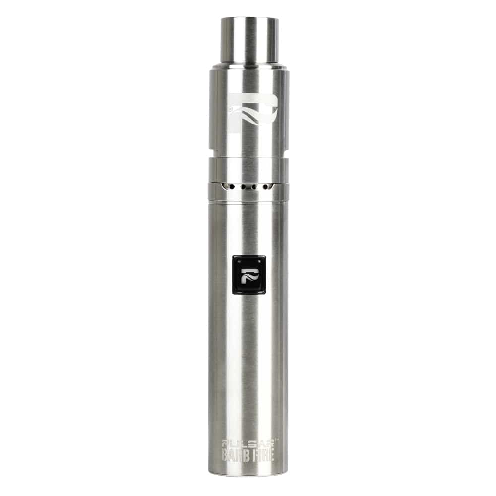 Front-facing studio shot of the silver Pulsar Barb Fire Variable Voltage Wax Vaporizer standing upright on a white background.