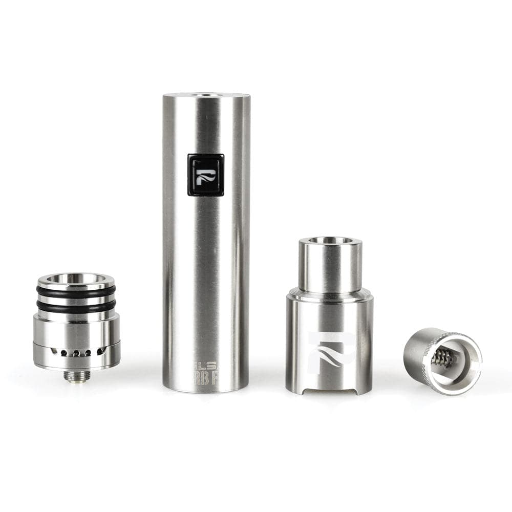 Front-facing arrangement of the stainless steel Pulsar Barb Fire Variable Voltage Wax Vaporizer components on a white background.