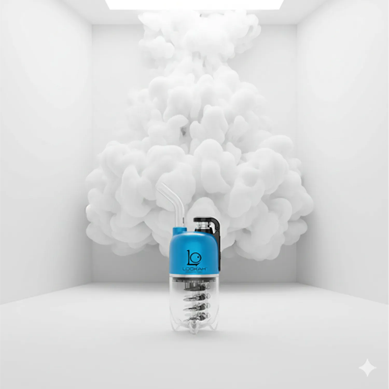 Centered front view of the blue Lookah Dragon Egg eRig Bubbler - 950mAh on a white surface with a billowing cloud of vapor filling the minimalist box background