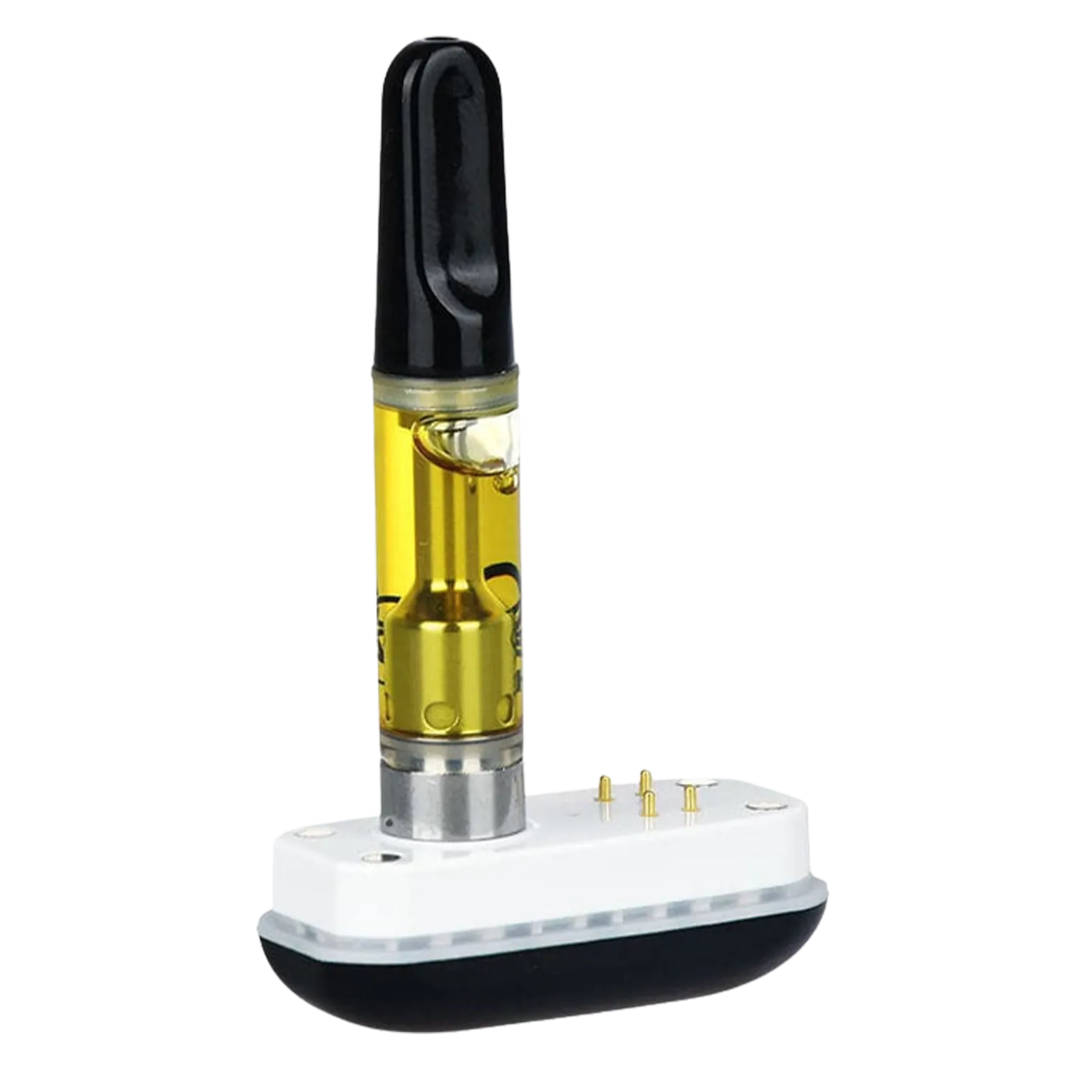 Close-up side view of a Pulsar 510 Dl 2.0 Pro Replacement Magnetic Connector cartridge seated in a white magnetic base, showing the black mouthpiece, golden oil chamber, and metal contact pins.