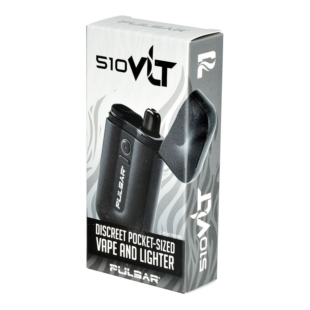 Angled front view of the Pulsar Vlt 510 Battery Vaporizer / Lighter | 650Mah retail box showing grayscale product photo and bold text on a white background
