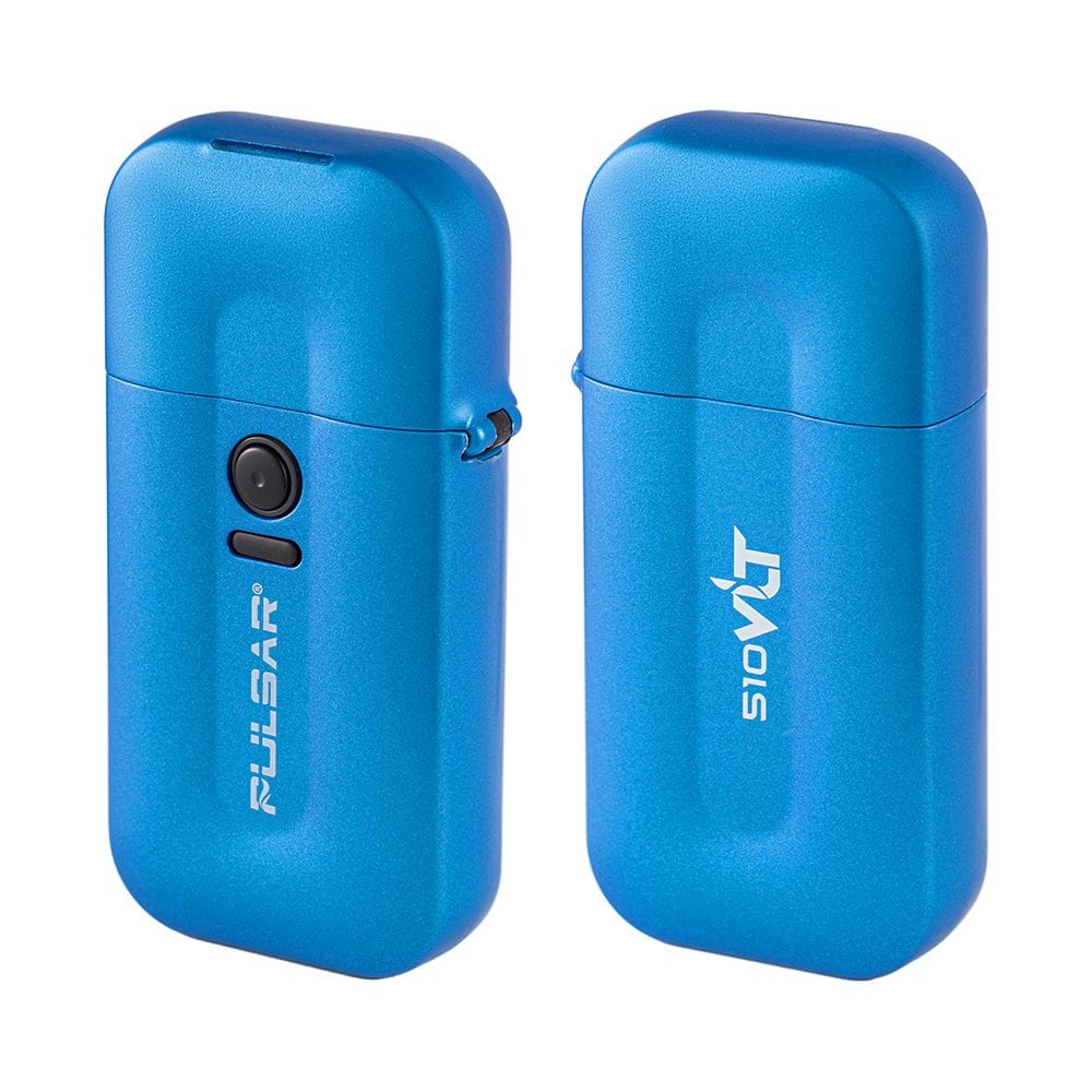 Front-facing view of two metallic purple Pulsar Vlt 510 Battery Vaporizer / Lighter | 650Mah devices side by side on a white background, one showing its circular button and logo.