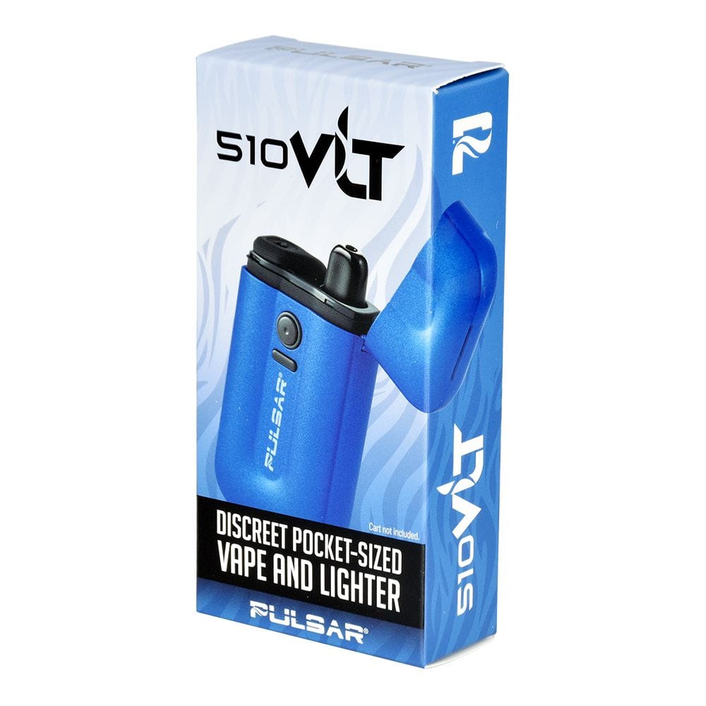 Angled view of the Pulsar Vlt 510 Battery Vaporizer / Lighter box showing a blue pocket-sized device image against a white background.