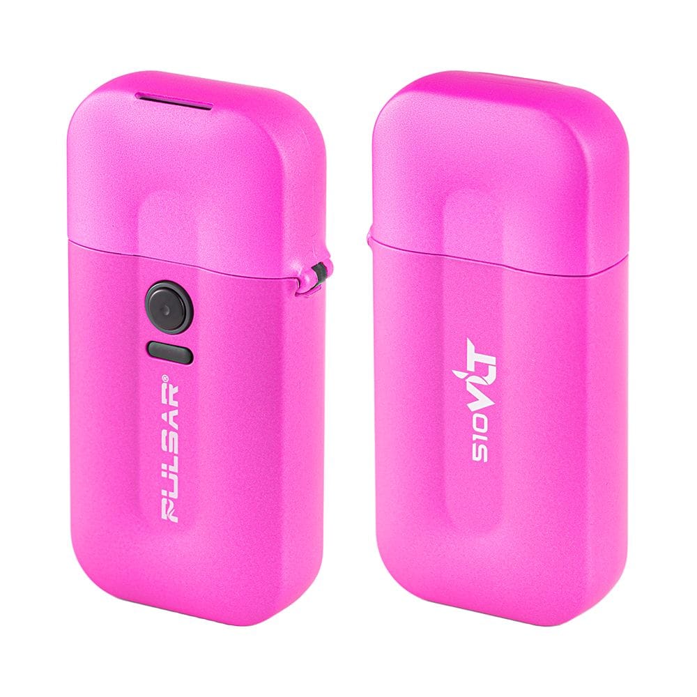 Front and back three-quarter view of the hot pink Pulsar Vlt 510 Battery Vaporizer / Lighter showing button and logo.