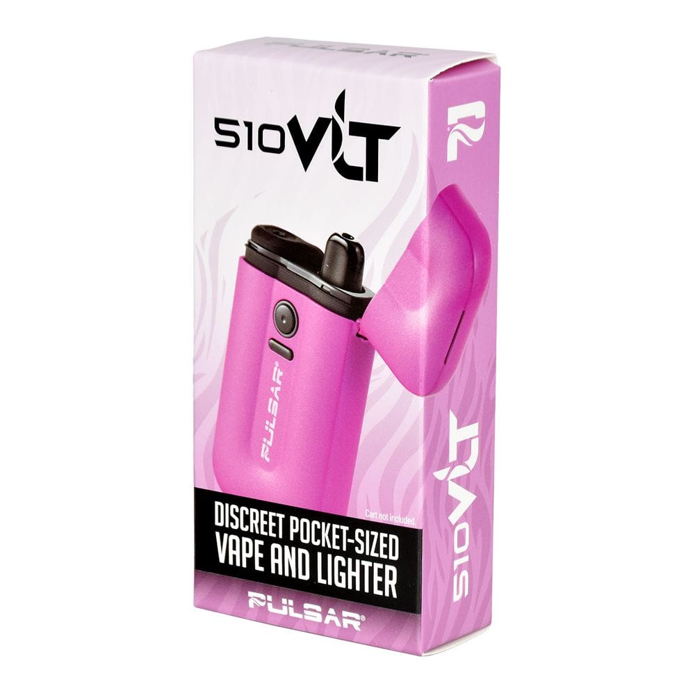 Three-quarter view of the pink Pulsar Vlt 510 Battery Vaporizer / Lighter box showing the open device image and bold product branding.