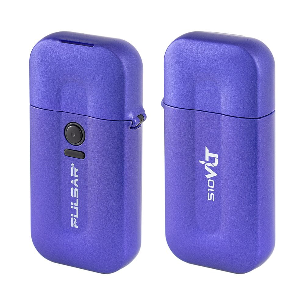 Front-and-back view of a metallic purple Pulsar Vlt 510 Battery Vaporizer / Lighter | 650Mah standing upright on a white background.