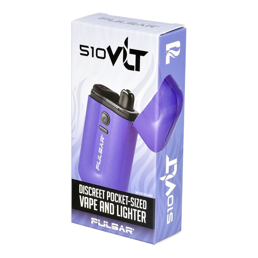 Three-quarter view of the purple Pulsar Vlt 510 Battery Vaporizer / Lighter | 650Mah box showing the pictured pocket-sized device and open lid artwork.