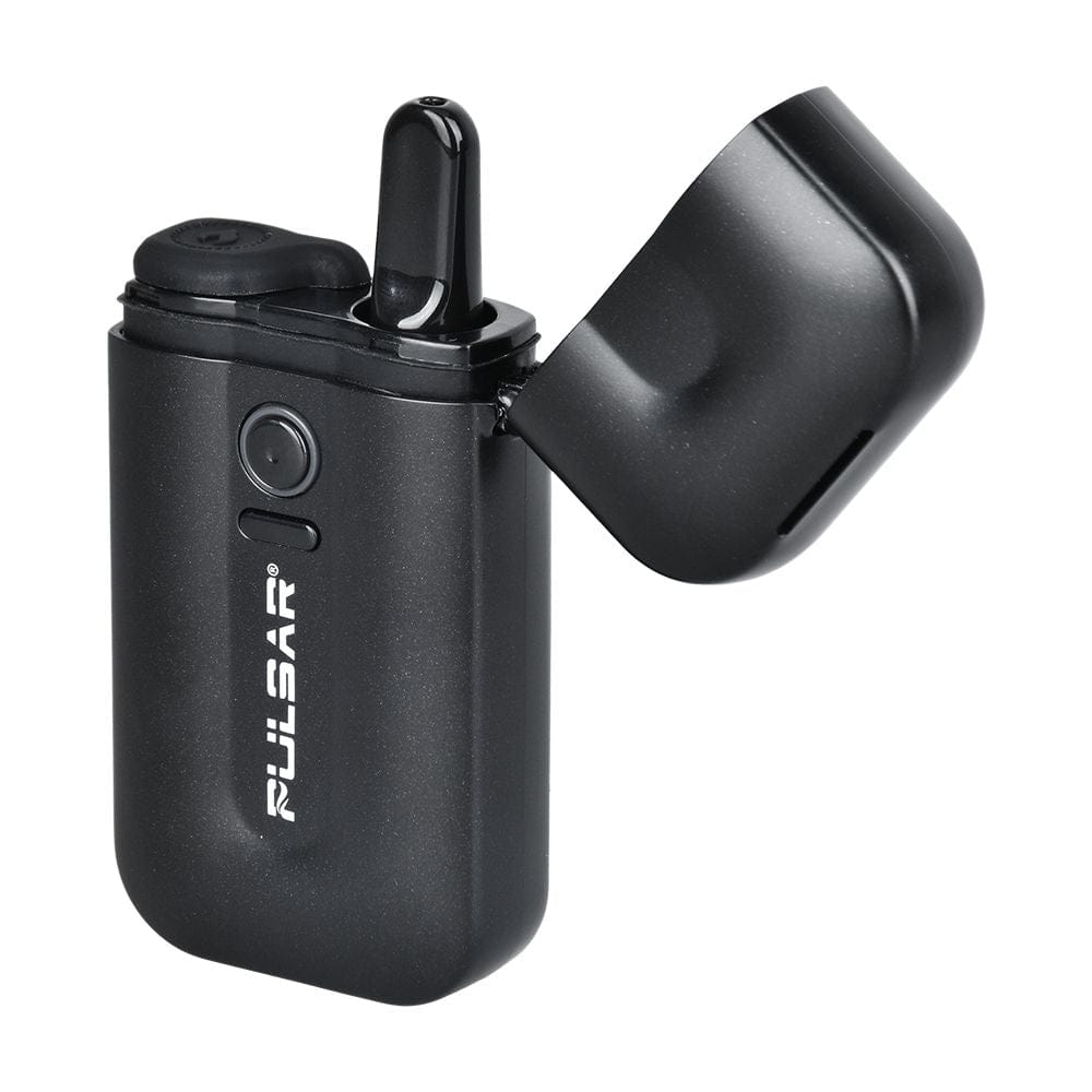 Close-up front three-quarter view of the black Pulsar Vlt 510 Battery Vaporizer / Lighter | 650Mah with its hinged cap open revealing the mouthpiece and matte finish.