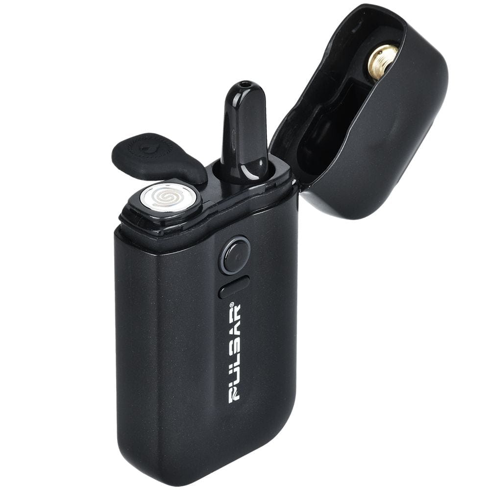 Angled close-up of the black Pulsar Vlt 510 Battery Vaporizer / Lighter | 650Mah with its flip-top open, showing the mouthpiece, coil and side button.