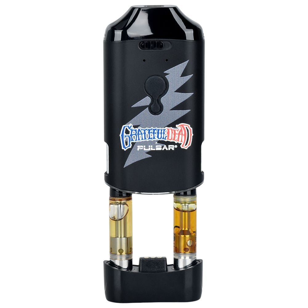 Front-facing view of the black Grateful Dead X Pulsar Duplocart Vaporizer - 650Mah showing twin cartridge ports, lightning bolt logo and exposed amber cartridges.