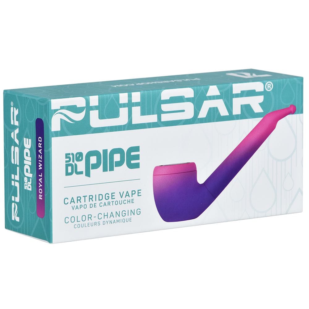 Angled front view of the Pulsar 510 Dl Pipe Variable Voltage Cartridge Vape | Thermo Series | 650Mah box showing teal branding, product name text, and a purple-to-pink color-changing pipe image.