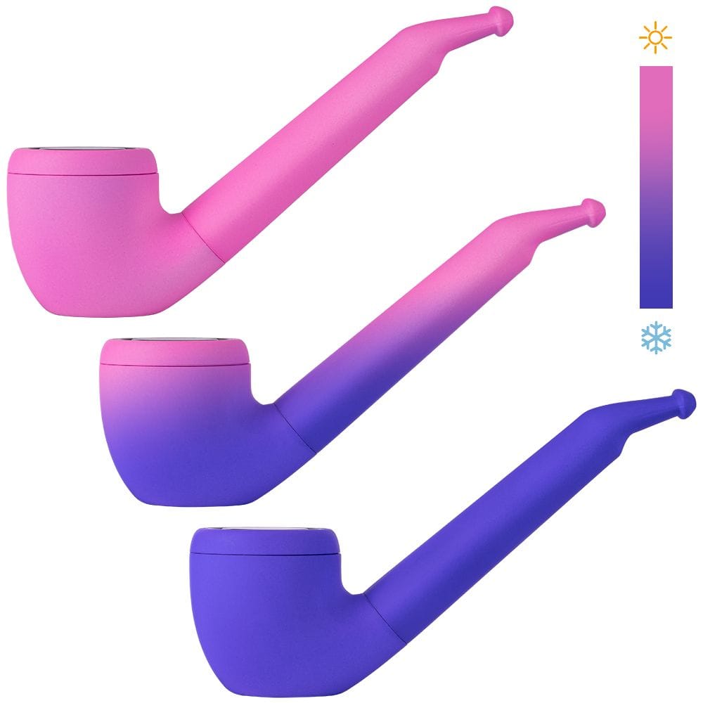 Three-quarter view of three Pulsar 510 Dl Pipe Variable Voltage Cartridge Vape | Thermo Series | 650Mah units showing a pink-to-purple thermal color change across their angled stems on a white background