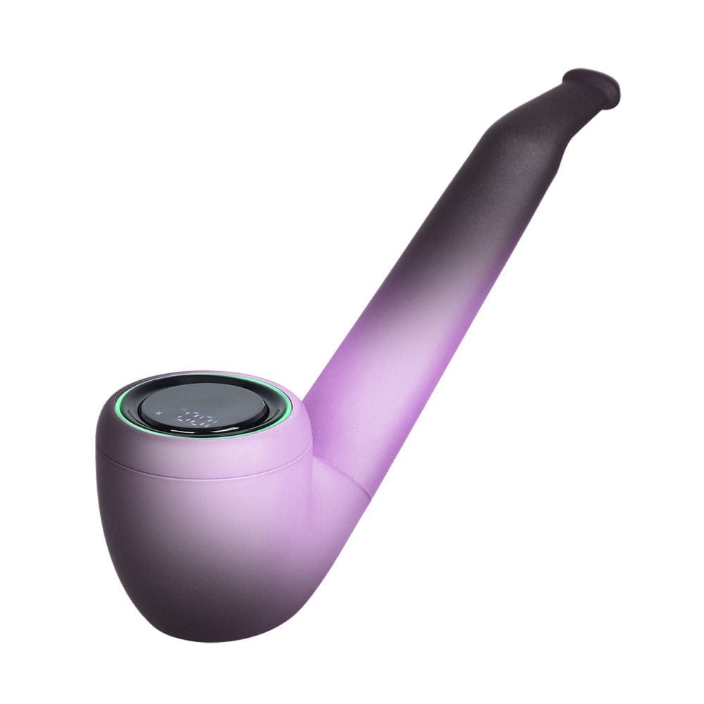 Angled studio shot of the purple Pulsar 510 Dl Pipe Variable Voltage Cartridge Vape | Thermo Series | 650Mah showing its pipe-shaped body, tapered mouthpiece, and glowing ring around the top.