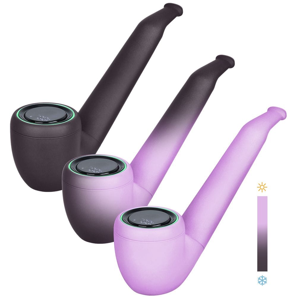 Angled studio shot of three Pulsar 510 Dl Pipe Variable Voltage Cartridge Vape | Thermo Series | 650Mah units in gradient purple-to-black finishes with glowing rimmed tops.