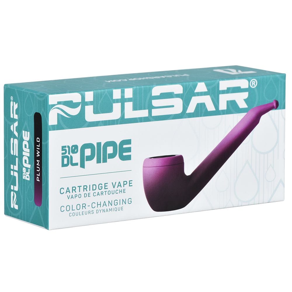 Angled front view of the Pulsar 510 Dl Pipe Variable Voltage Cartridge Vape | Thermo Series | 650Mah box showing teal branding and a plum-purple pipe image on white background