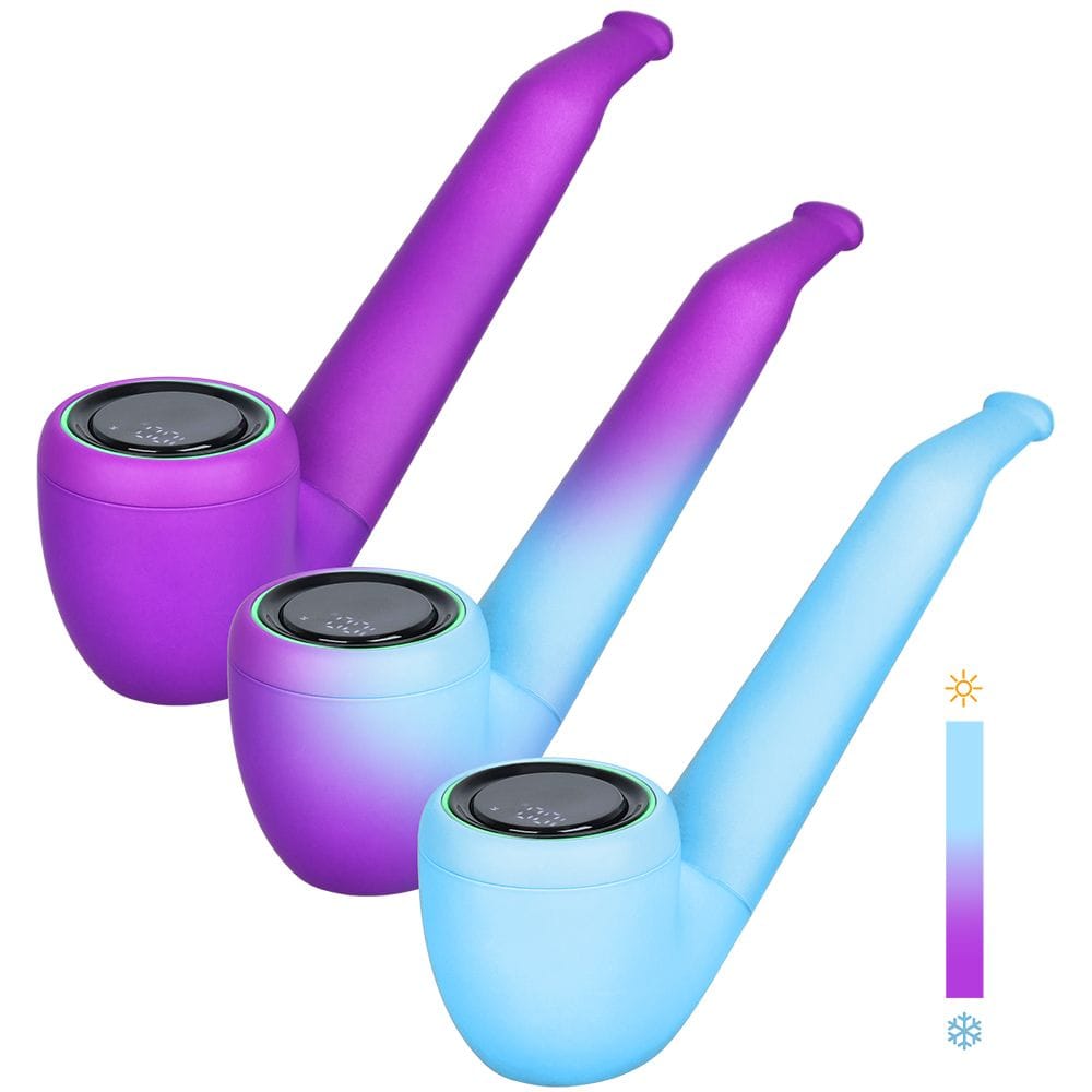 Angled trio view of the Pulsar 510 Dl Pipe Variable Voltage Cartridge Vape | Thermo Series | 650Mah showing purple-to-blue gradient and solid blue versions on a white background.