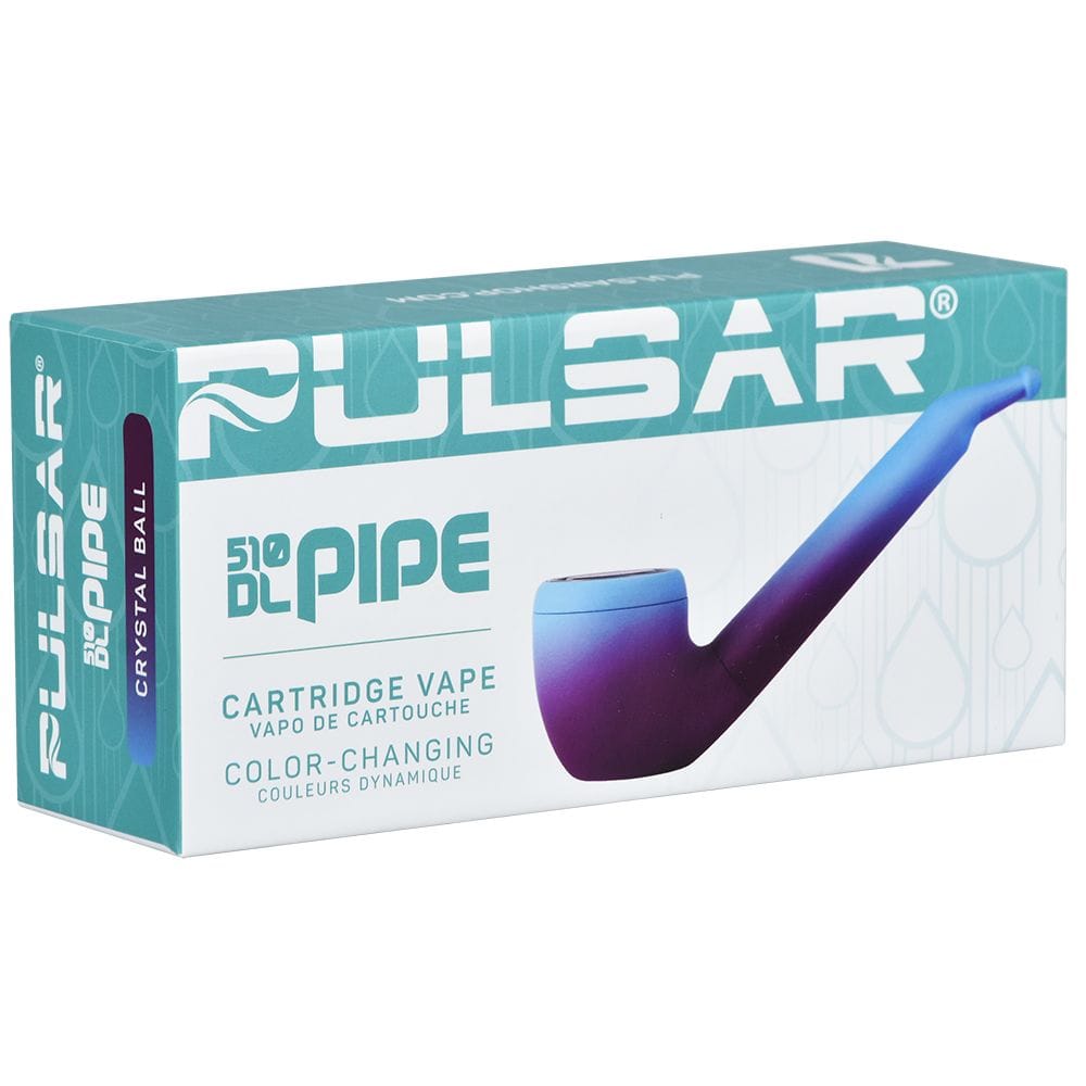 Boxed three-quarter view of the Pulsar 510 Dl Pipe Variable Voltage Cartridge Vape | Thermo Series | 650Mah showing teal branding and a purple-to-blue color-changing pipe image.