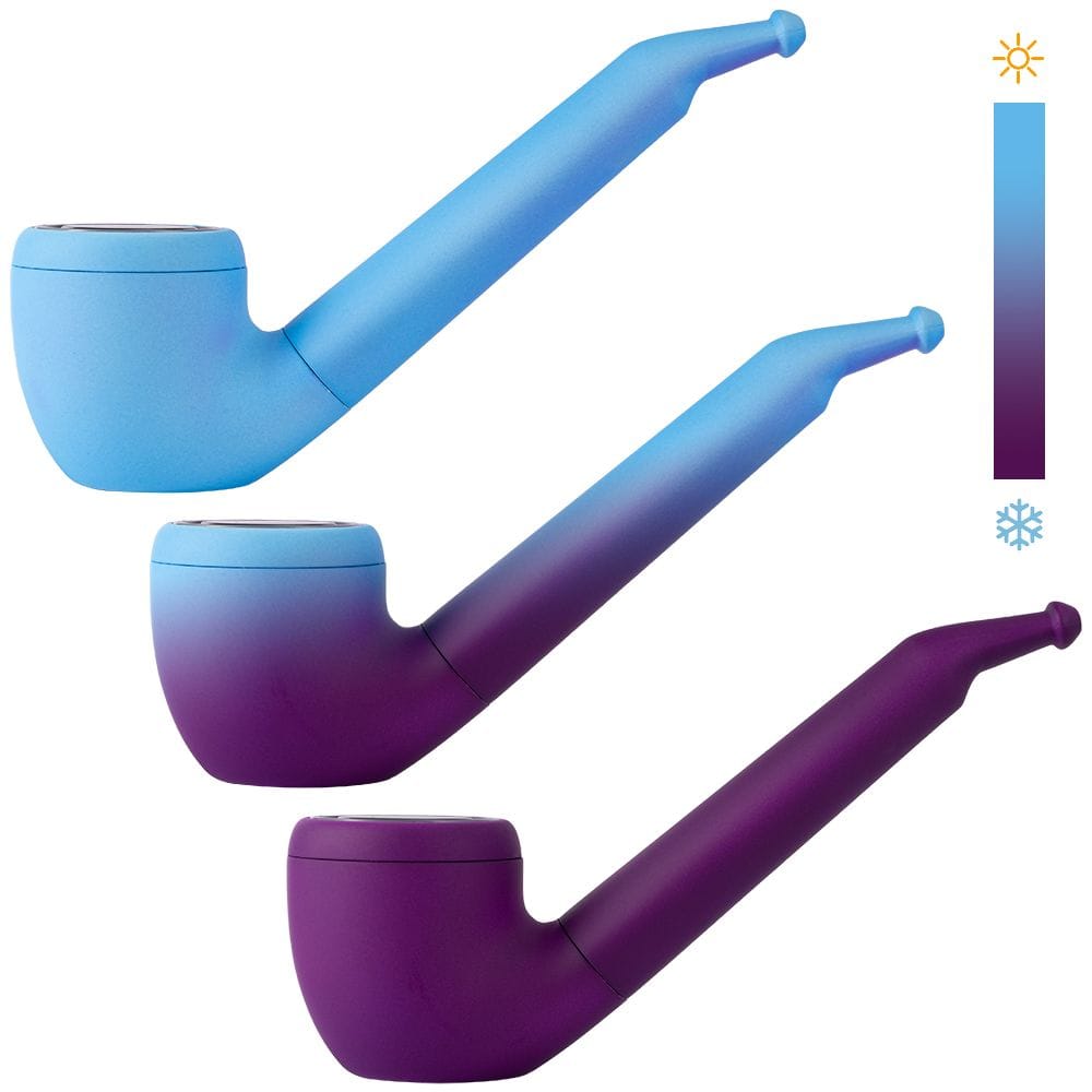 Three-quarter view of three Pulsar 510 Dl Pipe Variable Voltage Cartridge Vape | Thermo Series | 650Mah pipes showing a blue-to-purple color-change finish stacked diagonally on a white background.