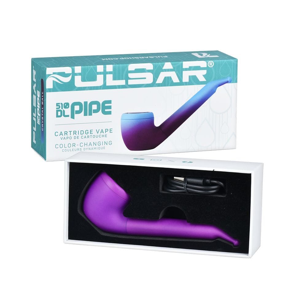 Front-angle shot of the purple Pulsar 510 Dl Pipe Variable Voltage Cartridge Vape | Thermo Series | 650Mah nestled in its white box with the branded teal packaging behind.