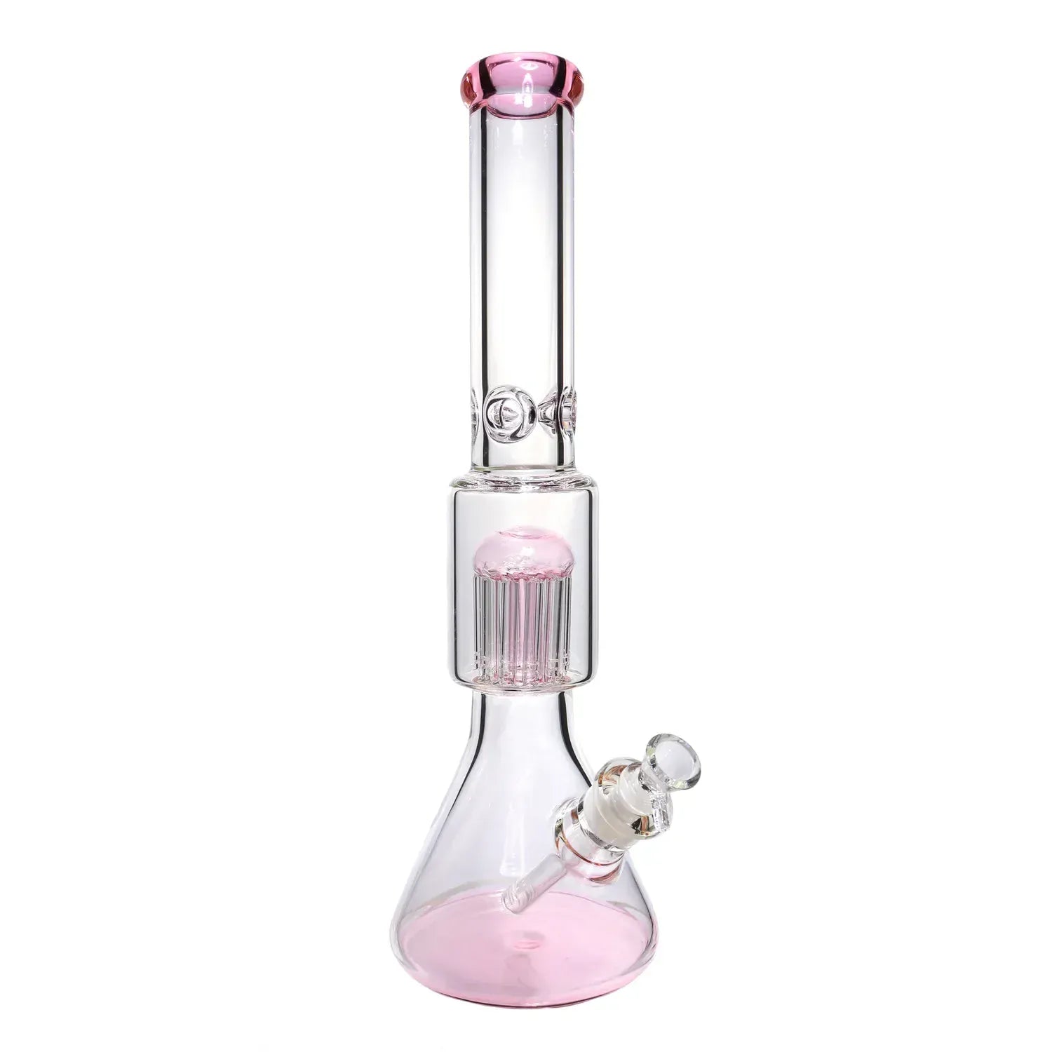 Vertical studio shot of the DHC Big Chamber with Tree Perc Bong - 18 in., showing a clear glass tube with pink-rimmed mouthpiece, pink tree perc and pink-tinted beaker base on a white background