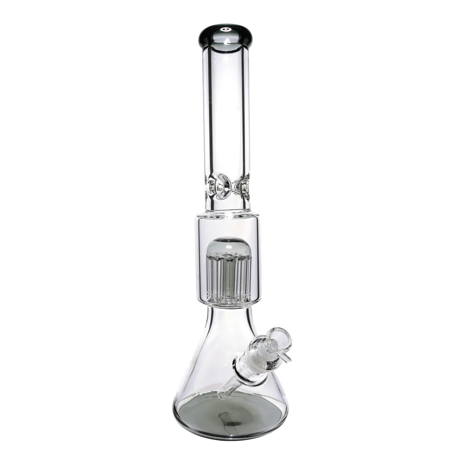 Front view of the clear glass DHC Big Chamber with Tree Perc Bong - 18 in. showing its tall straight neck, cylindrical chamber with visible tree percolator, and slanted beaker base.