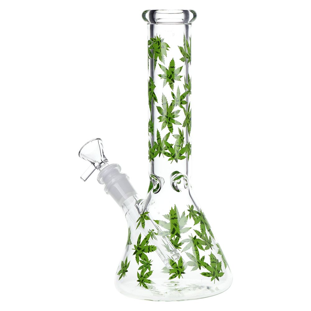 SeshGear Green Leaf Beaker Glass Bong - 9.75" / 14mm F