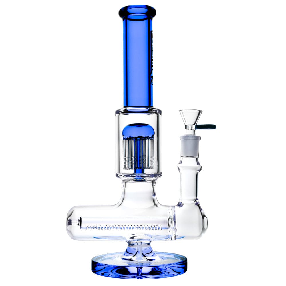 Front view of the Pulsar Jellyfish Inline Perc Bong - 11"/14Mm F/Colors Vary showing a teal-tinted straight tube and base with a clear chamber featuring a jellyfish-style inline percolator.