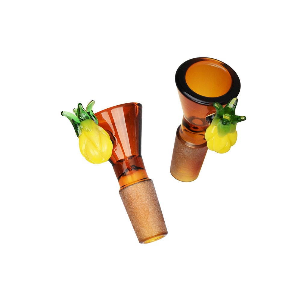 Top-down view of two amber glass bowls, each with a small yellow-and-green pineapple decoration, showing the Pulsar Fruit Series Pineapple Express Herb Pipe Glow Duo - 10" / 14Mm F.