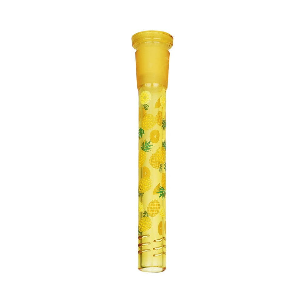 Center-frontal view of the yellow Pulsar Fruit Series Pineapple Express Herb Pipe Glow Duo - 10" / 14Mm F with pineapple pattern on a white background