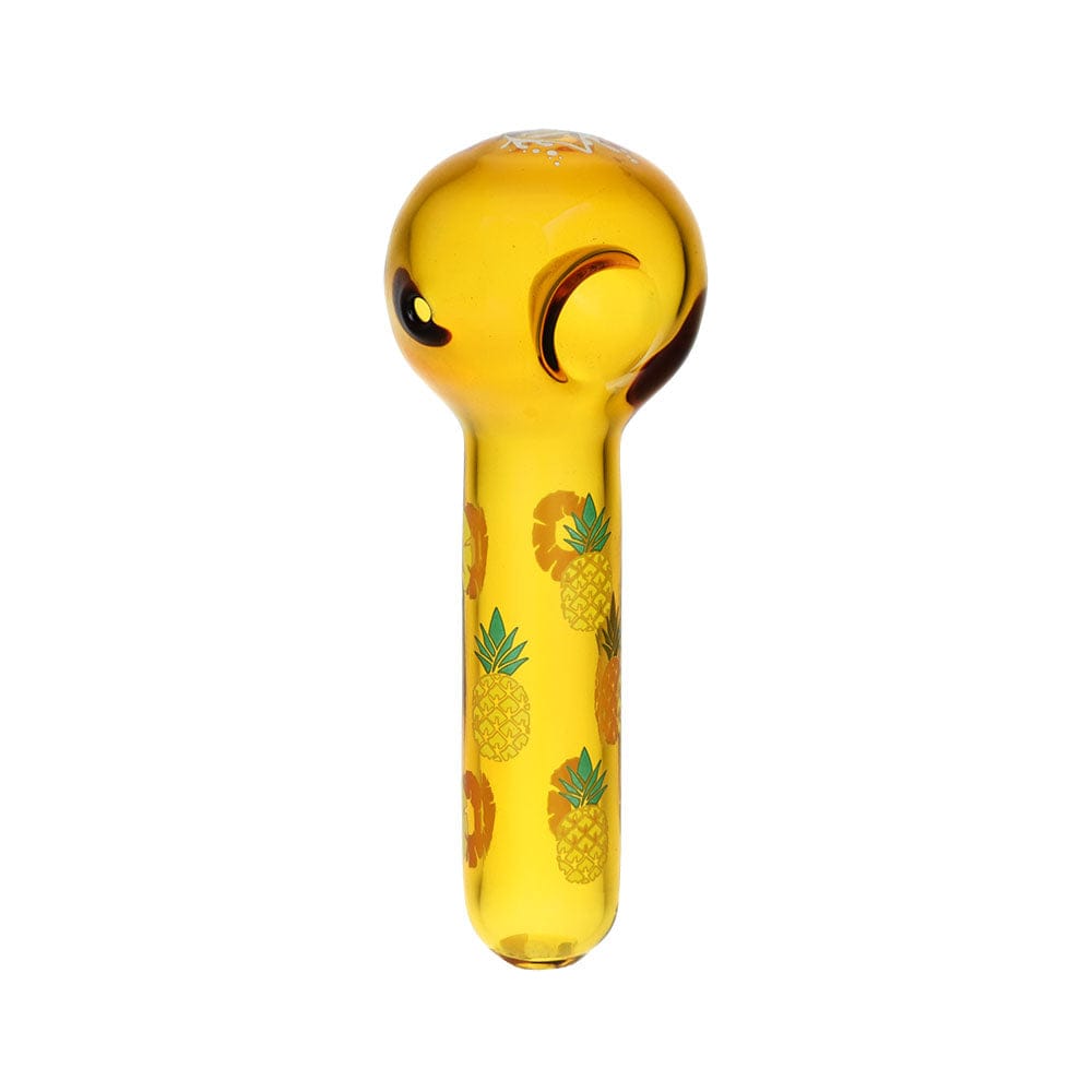 Centered front view of the yellow Pulsar Fruit Series Pineapple Express Herb Pipe Glow Duo - 10" / 14Mm F featuring repeated pineapple graphics on a white background
