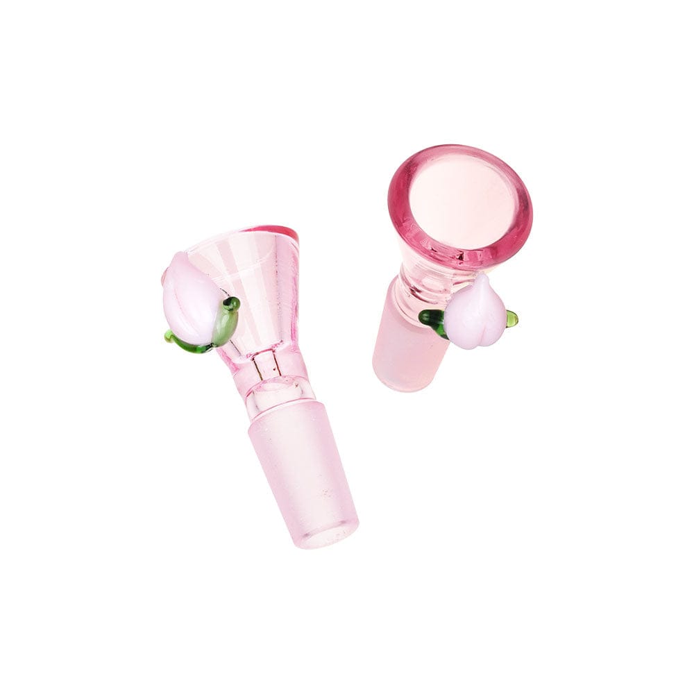 Top-down view of two pink glass bowls featuring tiny peach-shaped accents in the Pulsar Fruit Series Peaches & Cream Herb Pipe Glow Duo - 10" / 14Mm F.