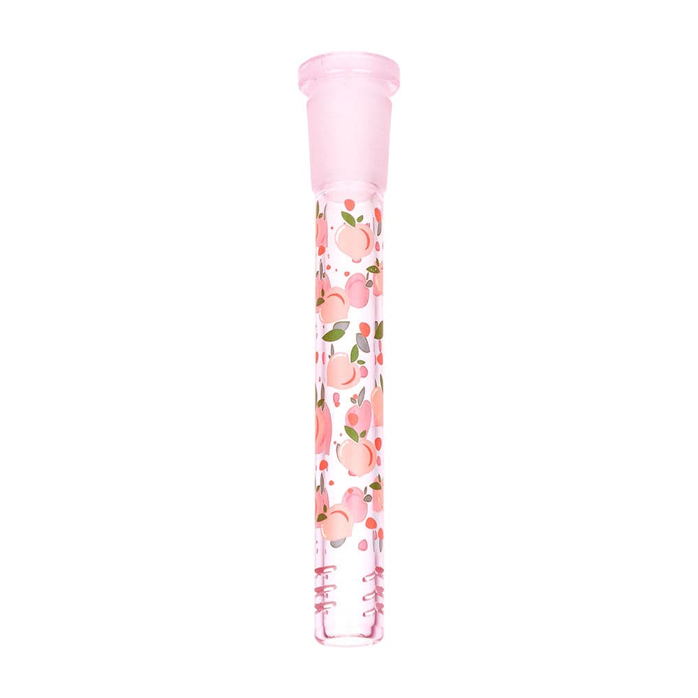Vertical close-up of the Pulsar Fruit Series Peaches & Cream Herb Pipe Glow Duo - 10" / 14Mm F showing a translucent pink glass tube patterned with small peach illustrations on a white background