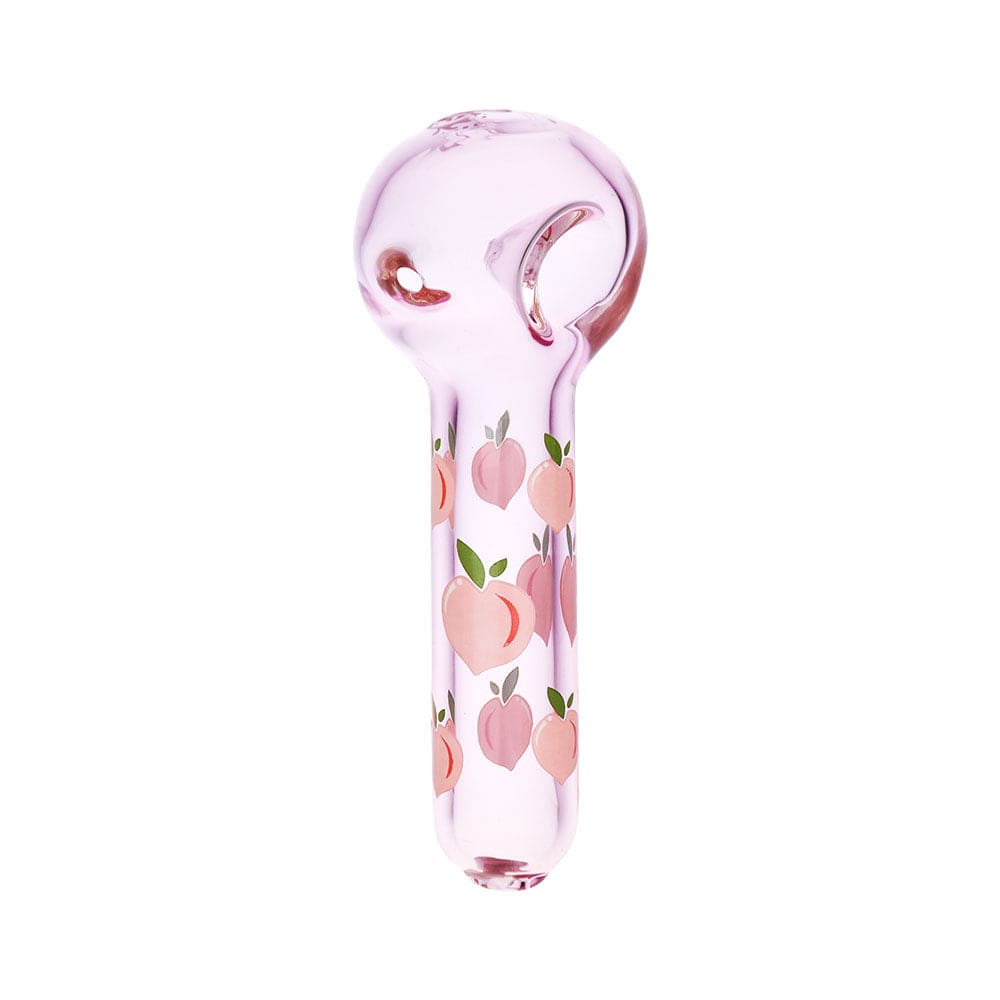 Front-facing view of the Pulsar Fruit Series Peaches & Cream Herb Pipe Glow Duo - 10" / 14Mm F showing a pink glass spoon pipe decorated with repeating peach graphics on a white background