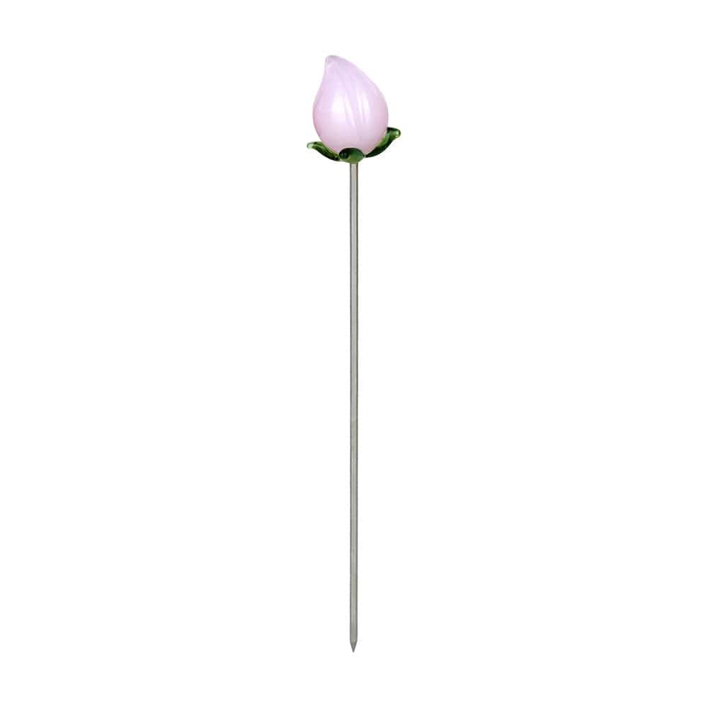 Centered front view of a long metal skewer topped with a pink bud ornament from the Pulsar Fruit Series Peaches & Cream Herb Pipe Glow Duo - 10" / 14Mm F.