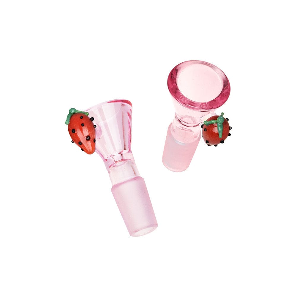 Top-down view of two pink glass bowls with tiny strawberry decorations, titled Pulsar Fruit Series Strawberry Cough Herb Pipe Glow Duo - 10" / 14Mm F.
