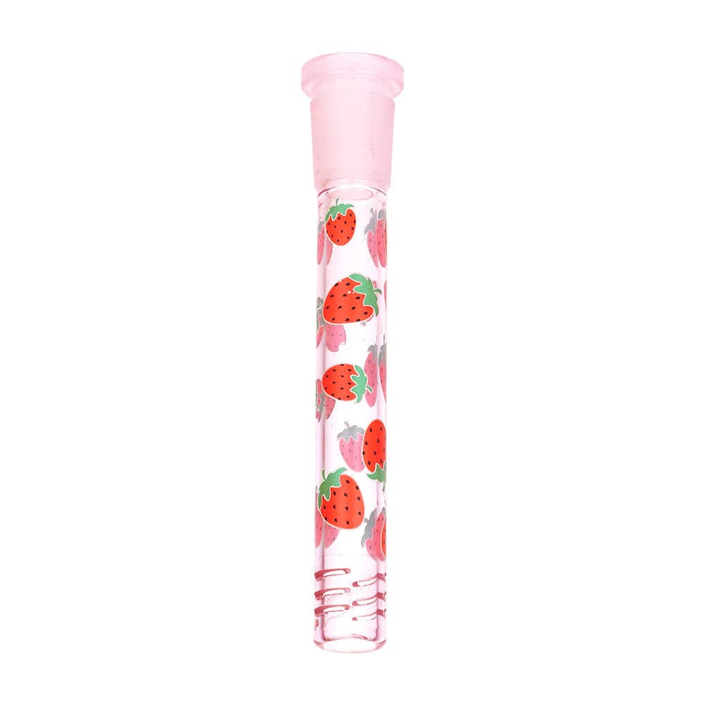 Straight-on view of the Pulsar Fruit Series Strawberry Cough Herb Pipe Glow Duo - 10" / 14Mm F featuring a slim pink glass tube patterned with repeating red strawberries against a white background.