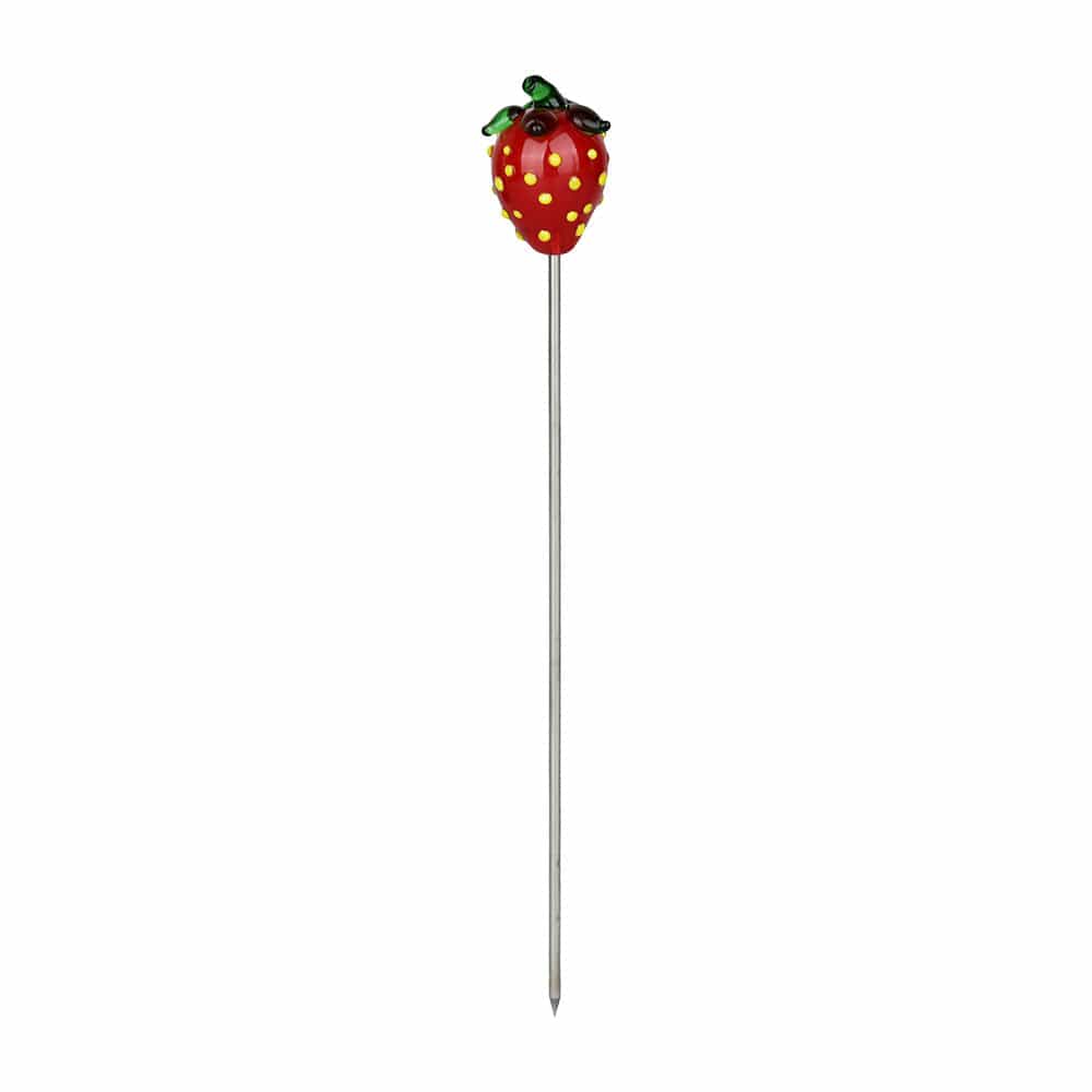 Centered studio shot of the Pulsar Fruit Series Strawberry Cough Herb Pipe Glow Duo - 10" / 14Mm F showing a long metal stem topped with a red, dotted strawberry glass tip against a white background
