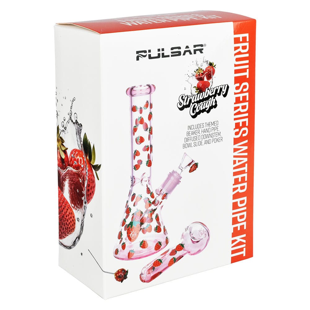 Angled product shot of the Pulsar Fruit Series Strawberry Cough Herb Pipe Glow Duo - 10" / 14Mm F box showing the pink strawberry-patterned beaker and matching hand pipe against a white background.