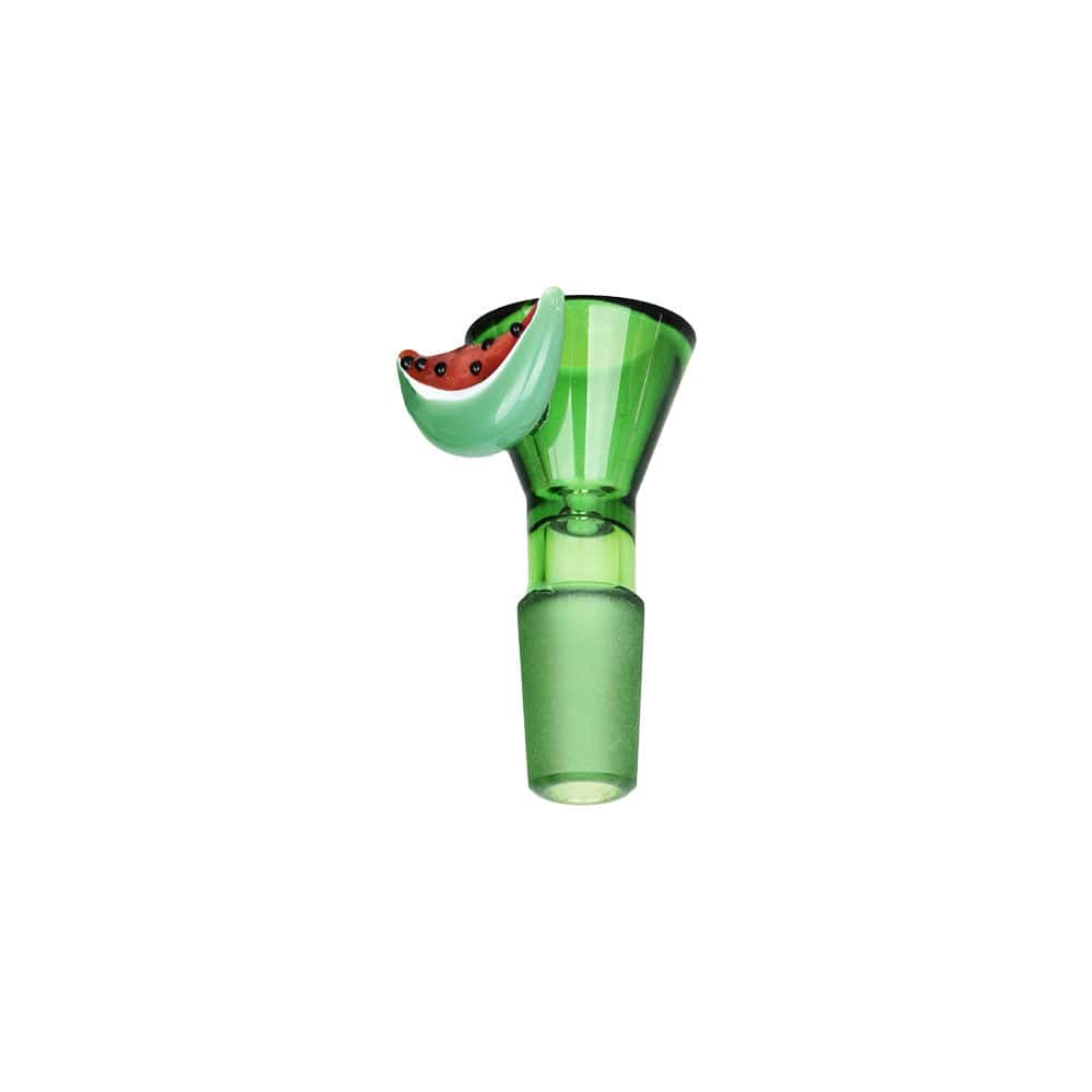 Front view of a green glass bowl with a small watermelon slice accent on the rim, Pulsar Fruit Series Watermelon Zkittles Herb Pipe Glow Duo - 10" / 14Mm F