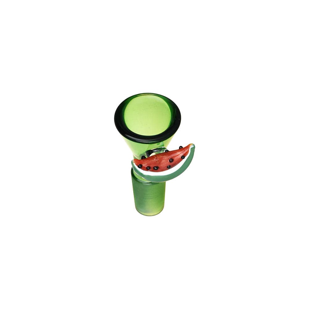 Top-down view of the Pulsar Fruit Series Watermelon Zkittles Herb Pipe Glow Duo - 10" / 14Mm F showing a lime green glass bowl with a small watermelon slice accent.