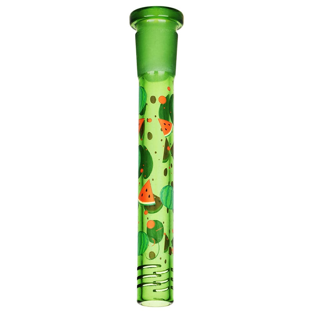 Tall straight-on view of the Pulsar Fruit Series Watermelon Zkittles Herb Pipe Glow Duo - 10" / 14Mm F showing a translucent green tube with watermelon slice and green dot patterns on a white background