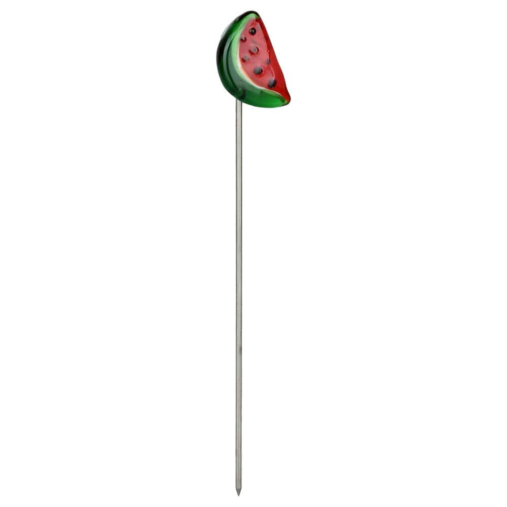Studio-style front view of the Pulsar Fruit Series Watermelon Zkittles Herb Pipe Glow Duo - 10" / 14Mm F showing a tall metal dabber topped with a small green-and-red watermelon slice cap on a white background