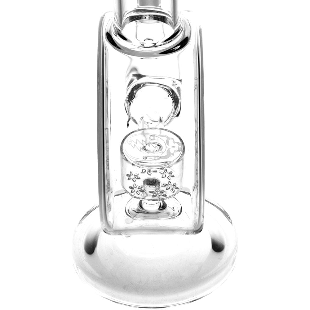 Front-facing close-up of the clear Grateful Dead X Pulsar Round Steal Your Face Water Pipe - 14.5" / 19Mm F showing its internal percolator and circular base against a white background