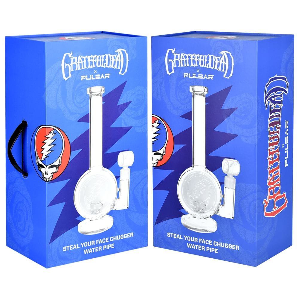 Front-facing photo of two boxed Grateful Dead X Pulsar Round Steal Your Face Water Pipe - 14.5" / 19Mm F" packages with blue artwork, skull logo and clear pipe illustration.
