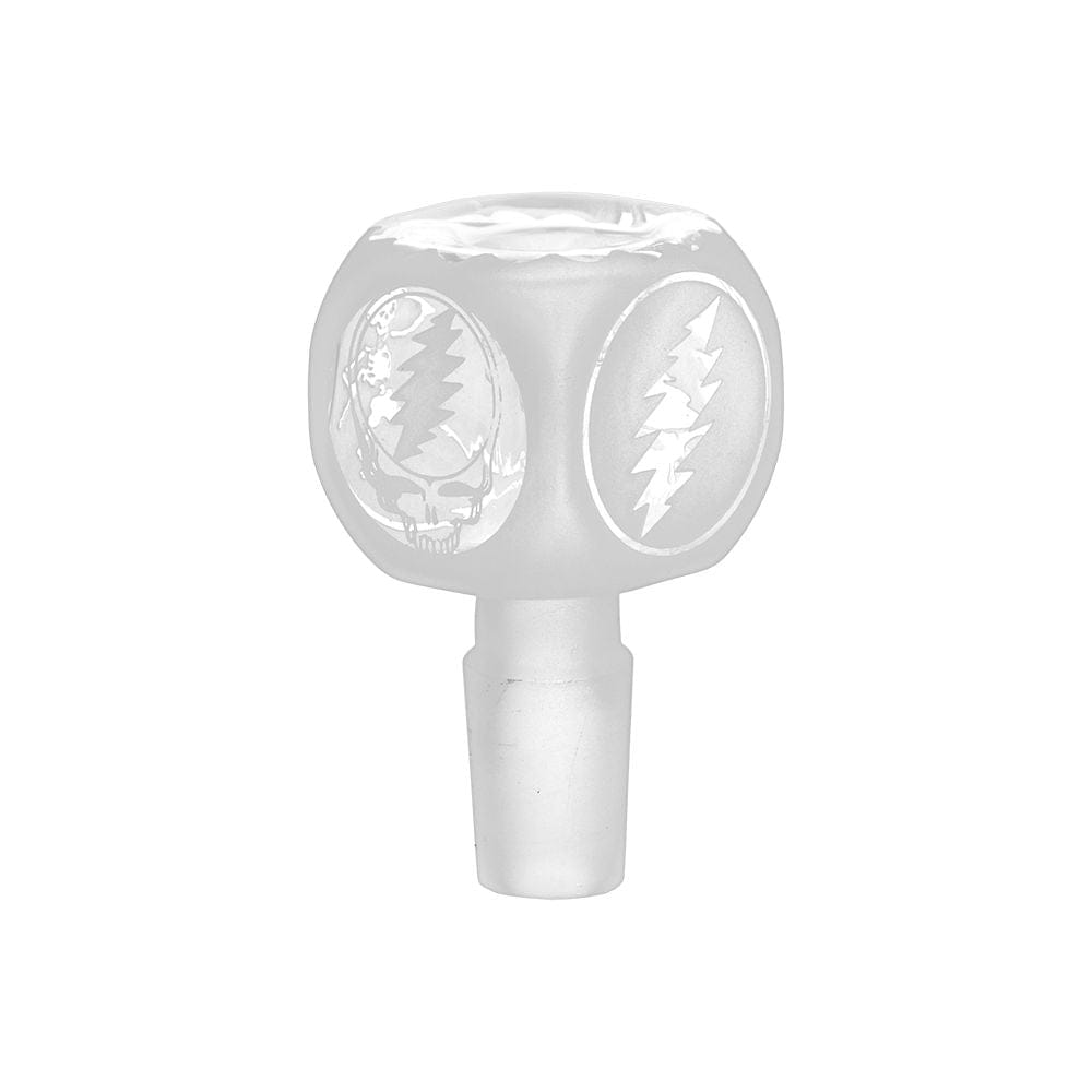 Front-facing close-up of the Grateful Dead X Pulsar Round Steal Your Face Water Pipe - 14.5" / 19Mm F bowl piece showing two circular Steal Your Face skull and lightning emblems on frosted glass.