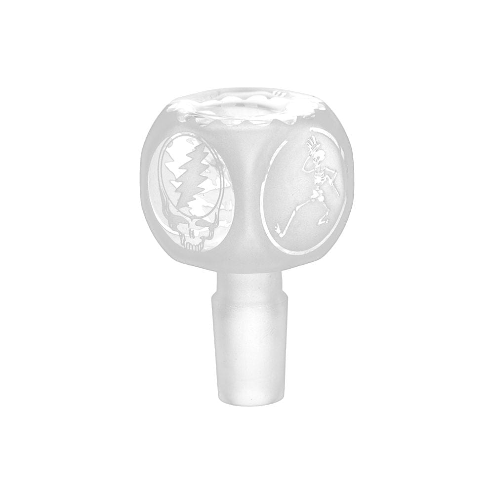 Front-facing close-up of the Grateful Dead X Pulsar Round Steal Your Face Water Pipe - 14.5" / 19Mm F showing frosted glass with circular Steal Your Face and dancing skeleton motifs.